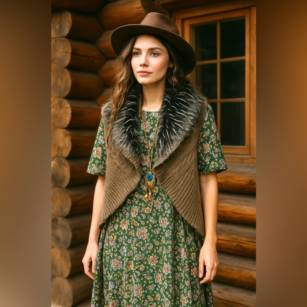 Alpaca vegan mink fur collar boho vest w cottage cabin longer cable knit vibe